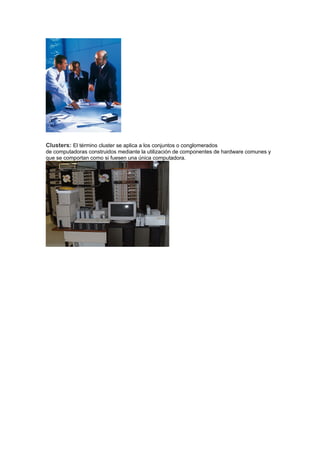 Clusters: El término cluster se aplica a los conjuntos o conglomerados
de computadoras construidos mediante la utilización de componentes de hardware comunes y
que se comportan como si fuesen una única computadora.
 