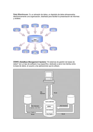 Data Warehouse: Es un almacén de datos, un depósito de datos almacenados
electrónicamente una organización, diseñada para facilitar la presentación de informes
y análisis.




DBMS (DataBase Management System): “El sistemas de gestión de bases de
datos” son un tipo de software muy específico, dedicado a servir de interfaz entre
la base de datos, el usuario y las aplicaciones que la utilizan.
 