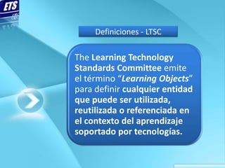 Definiciones - LTSC

The Learning Technology
Standards Committee emite
el término “Learning Objects”
para definir cualquier entidad
que puede ser utilizada,
reutilizada o referenciada en
el contexto del aprendizaje
soportado por tecnologías.
 