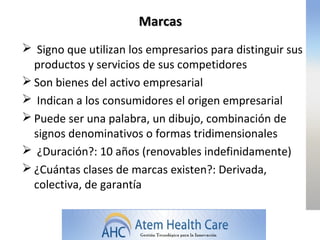 Marcas
 Signo que utilizan los empresarios para distinguir sus
  productos y servicios de sus competidores
 Son bienes del activo empresarial
 Indican a los consumidores el origen empresarial
 Puede ser una palabra, un dibujo, combinación de
  signos denominativos o formas tridimensionales
 ¿Duración?: 10 años (renovables indefinidamente)
 ¿Cuántas clases de marcas existen?: Derivada,
  colectiva, de garantía
 