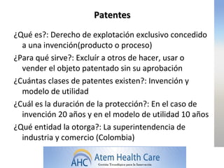 Patentes
¿Qué es?: Derecho de explotación exclusivo concedido
  a una invención(producto o proceso)
¿Para qué sirve?: Excluír a otros de hacer, usar o
  vender el objeto patentado sin su aprobación
¿Cuántas clases de patentes existen?: Invención y
  modelo de utilidad
¿Cuál es la duración de la protección?: En el caso de
  invención 20 años y en el modelo de utilidad 10 años
¿Qué entidad la otorga?: La superintendencia de
  industria y comercio (Colombia)
 