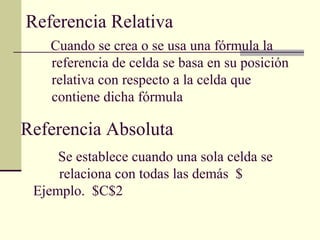 Referencia Relativa
Referencia Absoluta
Cuando se crea o se usa una fórmula la
referencia de celda se basa en su posición
...