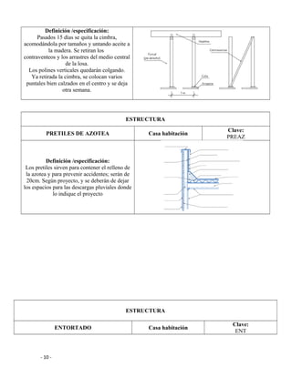 Definición /especificación:
Pasados 15 días se quita la cimbra,
acomodándola por tamaños y untando aceite a
la madera. Se retiran los
contraventeos y los arrastres del medio central
de la losa.
Los polines verticales quedarán colgando.
Ya retirada la cimbra, se colocan varios
puntales bien calzados en el centro y se deja
otra semana.
ESTRUCTURA
PRETILES DE AZOTEA Casa habitación
Clave:
PREAZ
Definición /especificación:
Los pretiles sirven para contener el relleno de
la azotea y para prevenir accidentes; serán de
20cm. Según proyecto, y se deberán de dejar
los espacios para las descargas pluviales donde
lo indique el proyecto
ESTRUCTURA
ENTORTADO Casa habitación
Clave:
ENT
- 10 -
 