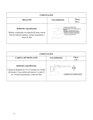 CIMENTACION
RELLENO Casa habitación Clave:
RELL
Definición /especificación:
Relleno compactado con material de banco sascab
libre de material orgánico, incluye maquinaria y
mano de obra
CIMENTACION
CADENA DE DESPLANTE Casa habitación Clave:
CD
Definición /especificación:
Cadena de desplante de 15 x 25 armada con varillas
del número 3 con estribos del número 2 a cada 15
cm. Incluye herramientas y mano de obra.
- 5 -
 