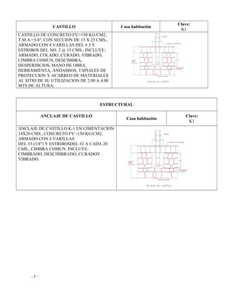 CASTILLO Casa habitación
Clave:
K1
CASTILLO DE CONCRETO F'C=150 KG/CM2,
T.M.A.=3/4", CON SECCION DE 15 X 25 CMS.,
ARMADO CON 4 VARILLAS DEL # 3 Y
ESTRIBOS DEL NO. 2 @ 15 CMS., INCLUYE:
ARMADO, COLADO, CURADO, VIBRADO,
CIMBRA COMUN, DESCIMBRA,
DESPERDICIOS, MANO DE OBRA,
HERRAMIENTA, ANDAMIOS, TAPIALES DE
PROTECCION Y ACARREO DE MATERIALES
AL SITIO DE SU UTILIZACION DE 2.00 A 4.00
MTS DE ALTURA.
ESTRUCTURAL
ANCLAJE DE CASTILLO
Casa habitación
Clave:
K1
ANCLAJE DE CASTILLO K-1 EN CIMENTACION
14X20 CMS., CONCRETO F'C=150 KG/CM2,
ARMADO CON 4 VARILLAS
DEL #3 (3/8") Y ESTRIBOSDEL #2 A CADA 20
CMS., CIMBRA COMUN. INCLUYE:
CIMBRADO, DESCIMBRADO, CURADOY
VIBRADO.
- 7 -
 