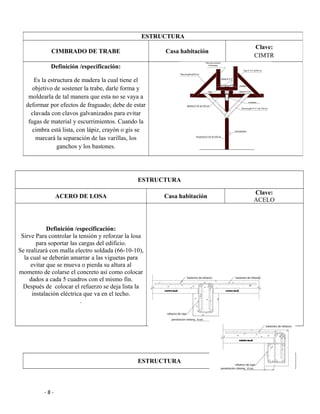 ESTRUCTURA
ACERO DE LOSA Casa habitación
Clave:
ACELO
Definición /especificación:
Sirve Para controlar la tensión y reforzar la losa
para soportar las cargas del edificio.
Se realizará con malla electro soldada (66-10-10),
la cual se deberán amarrar a las viguetas para
evitar que se mueva o pierda su altura al
momento de colarse el concreto así como colocar
dados a cada 5 cuadros con el mismo fin.
Después de colocar el refuerzo se deja lista la
instalación eléctrica que va en el techo.
.
ESTRUCTURA
- 8 -
ESTRUCTURA
CIMBRADO DE TRABE Casa habitación
Clave:
CIMTR
Definición /especificación:
Es la estructura de madera la cual tiene el
objetivo de sostener la trabe, darle forma y
moldearla de tal manera que esta no se vaya a
deformar por efectos de fraguado; debe de estar
clavada con clavos galvanizados para evitar
fugas de material y escurrimientos. Cuando la
cimbra está lista, con lápiz, crayón o gis se
marcará la separación de las varillas, los
ganchos y los bastones.
 