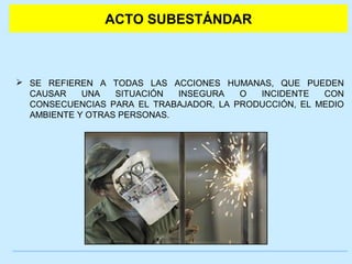 ACTO SUBESTÁNDAR 
 SE REFIEREN A TODAS LAS ACCIONES HUMANAS, QUE PUEDEN 
CAUSAR UNA SITUACIÓN INSEGURA O INCIDENTE CON 
CONSECUENCIAS PARA EL TRABAJADOR, LA PRODUCCIÓN, EL MEDIO 
AMBIENTE Y OTRAS PERSONAS. 
 