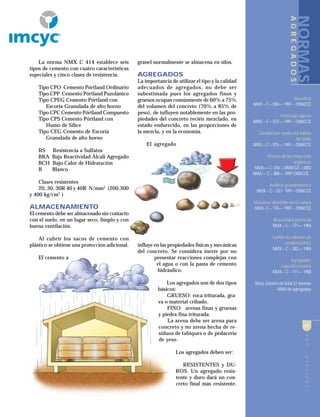 CAPÍTULOUNO5CAPÍTULOUNO5
La norma NMX C 414 establece seis
tipos de cemento con cuatro características
especiales y cinco clases de resistencia.
Tipo CPO Cemento Pórtland Ordinario
Tipo CPP Cemento Pórtland Puzolánico
Tipo CPEG Cemento Pórtland con
Escoria Granulada de alto horno
Tipo CPC Cemento Pórtland Compuesto
Tipo CPS Cemento Pórtland con
Humo de Sílice
Tipo CEG Cemento de Escoria
Granulada de alto horno
RS Resistencia a Sulfatos
BRA Baja Reactividad Álcali Agregado
BCH Bajo Calor de Hidratación
B Blanco
Clases resistentes
20, 30, 30R 40 y 40R N/mm2
(200,300
y 400 kg/cm2
)
ALMACENAMIENTO
El cemento debe ser almacenado sin contacto
con el suelo, en un lugar seco, limpio y con
buena ventilación.
Al cubrir los sacos de cemento con
plástico se obtiene una protección adicional.
El cemento a
granel normalmente se almacena en silos.
AGREGADOS
La importancia de utilizar el tipo y la calidad
adecuados de agregados, no debe ser
subestimada pues los agregados finos y
gruesos ocupan comúnmente de 60% a 75%
del volumen del concreto (70% a 85% de
peso), de influyen notablemente en las pro-
piedades del concreto recién mezclado, en
estado endurecido, en las proporciones de
la mezcla, y en la economía.
El agregado
influye en las propiedades físicas y mecánicas
del concreto. Se considera inerte por no
presentar reacciones complejas con
el agua o con la pasta de cemento
hidráulico.
Los agregados son de dos tipos
básicos:
GRUESO: roca triturada, gra-
va o material cribado.
FINO: arenas finas y gruesas
y piedra fina triturada.
La arena debe ser arena para
concreto y no arena hecha de re-
siduos de tabiques o de pedacería
de yeso.
Los agregados deben ser:
RESISTENTES y DU-
ROS. Un agregado resis-
tente y duro dará un con-
creto final más resistente.
Muestreo
NMX – C – 030–– 1997 – ONNCCE
Partículas ligeras
NMX – C – 072–– 1997 – ONNCCE
Sanidad por medio del sulfato
de sodio
NMX – C – 075–– 1997 – ONNCCE
Efectos de las impurezas
orgánicas
NMX–– C- 076 – ONNCCE – 2002
NMX–– C – 088–– 1997 ONNCCE
Análisis granulométrico
NMX – C – 077- 1997 - ONNCCE
Muestras obtenidas en el campo
NMX- C – 170–– 1997 – ONNCCE
Reactividad potencial
NMX – C – 271–– 1984
Cambio de volumen de
combinaciones
NMX – C – 282–– 1984
Agregados,
especificaciones
NMX – C – 111–– 1988
Nota: Existen en total 27 normas
NMX de agregados
NORMAS
AGREGADOS
R
 