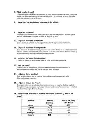7. ¿Qué es elasticidad?
Propiedad mecánica de ciertos materiales de sufrir deformaciones reversibles cuando se
encuentran sujetos a la acción de fuerzas exteriores y de recuperar la forma original si
estas fuerzas exteriores se eliminan.
8. ¿Qué son las propiedades elásticas de los sólidos?
9. ¿Qué es esfuerzo?
Se define como una interacción entre dos cuerpos; es una cantidad física vectorial que se
describe mediante los conceptos intuitivos de “empujar” y “jalar”.
10. ¿Qué es esfuerzo de tensión?
Es la fuerza que, aplicada a un cuerpo elástico, tiende a producirle una tensión.
11. ¿Qué es esfuerzo de compresión?
Es la resultante de las tensiones o presiones que existen dentro de un sólido deformable
o medio continuo, caracterizada porque tiende a una reducción de volumen del cuerpo, y
a un acortamiento del cuerpo en determinada dirección
12. ¿Qué es deformación longitudinal?
Cuando un cuerpo se dilata este lo hace en todas direcciones y sentidos.
13. Ley de Hooke
Establece que el alargamiento unitario que experimenta un material elástico es
directamente proporcional a la fuerza aplicada sobre el mismo
14. ¿Qué es límite elástico?
Es la tensión máxima que un material elastoplástico puede soportar sin sufrir
deformaciones permanentes.
15. ¿Qué es módulo de Young?
Es un parámetro que caracteriza el comportamiento de un material elástico, según la
dirección en la que se aplica una fuerza. Este comportamiento fue observado y estudiado
por el científico inglés Thomas Young.
16. Propiedades elásticas de algunos materiales (densidad y módulo de
Young)
Material Densidad
(km/m3)
Módulo de Young
10º N/m2
Acero 7860 200
Aluminio 2710 70
Vidrio 2190 65
Hormigón 2320 30
Madera 525 13
 