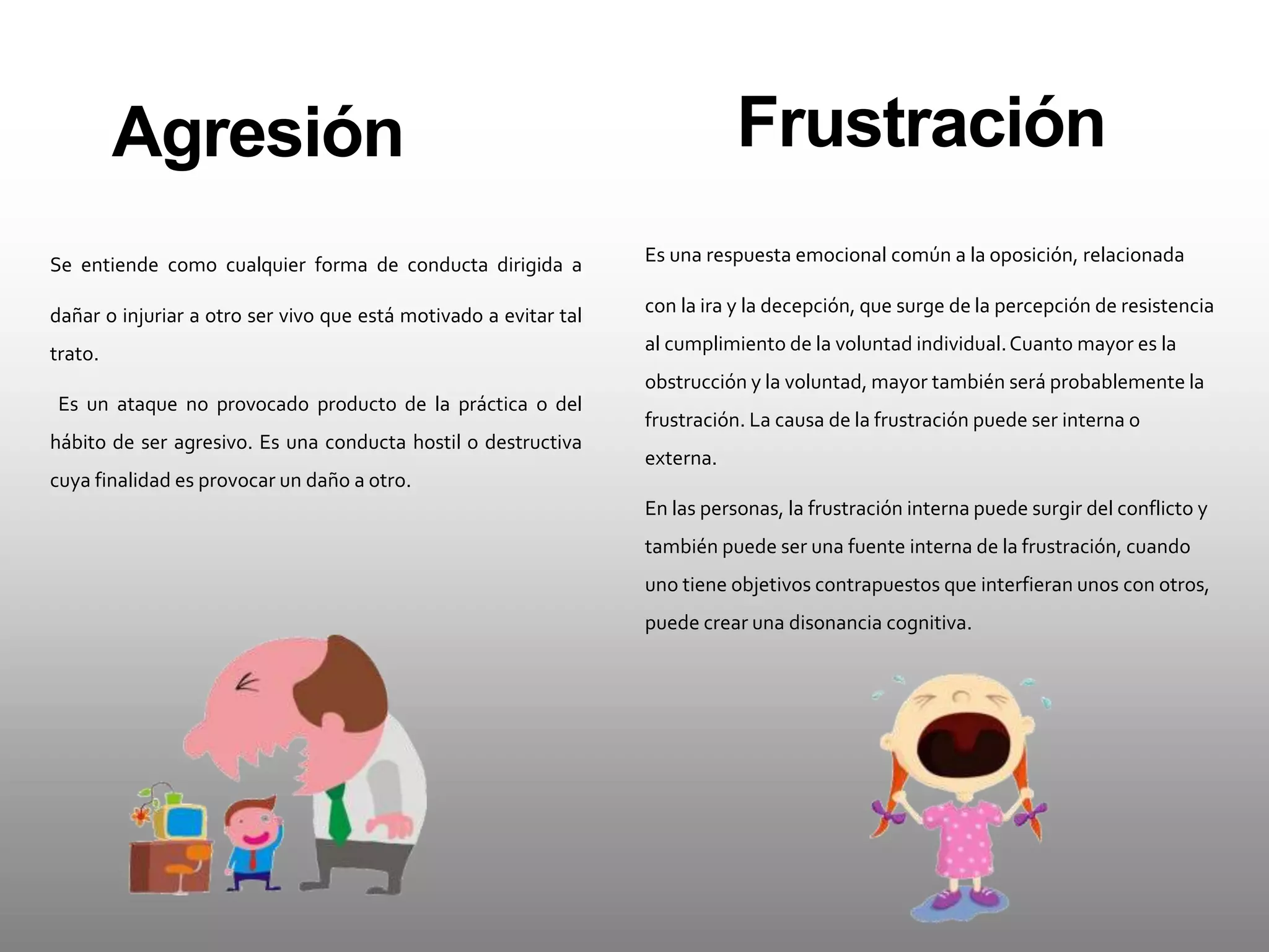 Agresión
Se entiende como cualquier forma de conducta dirigida a
dañar o injuriar a otro ser vivo que está motivado a evitar tal
trato.
Es un ataque no provocado producto de la práctica o del
hábito de ser agresivo. Es una conducta hostil o destructiva
cuya finalidad es provocar un daño a otro.
Es una respuesta emocional común a la oposición, relacionada
con la ira y la decepción, que surge de la percepción de resistencia
al cumplimiento de la voluntad individual.Cuanto mayor es la
obstrucción y la voluntad, mayor también será probablemente la
frustración. La causa de la frustración puede ser interna o
externa.
En las personas, la frustración interna puede surgir del conflicto y
también puede ser una fuente interna de la frustración, cuando
uno tiene objetivos contrapuestos que interfieran unos con otros,
puede crear una disonancia cognitiva.
Frustración
 