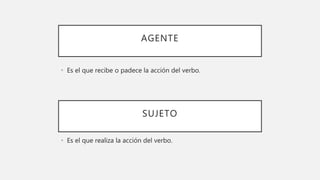 AGENTE
• Es el que recibe o padece la acción del verbo.
SUJETO
• Es el que realiza la acción del verbo.
 
