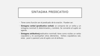 SINTAGMA PREDICATIVO
• Tiene como función ser el predicado de la oración. Pueden ser:
• Sintagma verbal (predicativo verbal): se compone de un verbo y un
sintagma nominal 2( determinante y nombre). Se convierte al sujeto en
agente.
• Sintagma atributivo(predicativo nominal): tiene como núcleo un verbo
copulativo y le acompañan otros elementos. Verbos copulativos (ser,
estar, yacer o parecer) une el sujeto con el atributo.
 