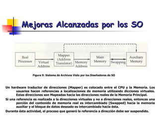 Mejoras Alcanzadas por los SO Un hardware traductor de direcciones (Mapper) es colocado entre el CPU y la Memoria. Los usuarios hacen referencias a localizaciones de memoria utilizando dicciones virtuales. Estas direcciones son Mapeadas hacia las direcciones reales de la Memoria Principal. Si una referencia es realizada a la direcciones virtuales y no a direcciones reales, entonces una porción del contenido de memoria real es intercambiado (Swapped) hacia la memoria auxiliar y el bloque de datos deseado es intercambiado hacia ésta. Durante ésta actividad, el proceso que generó la referencia a dirección debe ser suspendido.  Figura 9: Sistema de Archivos Visto por los Diseñadores de SO 