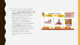 • Un tercer tipo de conocimiento
básico que necesita el profesor se
refiere al desarrollo del niño y del
adolescente. No sólo debe ser
experto en aprendizaje, también
debe ser experto en niños y
adolescentes, conocer cómo se
desarrolla su afectividad, su
intelecto, su psicomotricidad, su
socialización; sólo de esta manera
sabrá cuándo puede enseñar
y cómo debe enseñar para que la
educación realmente sea un factor
de desarrollo de la persona,
brindando condiciones de
desarrollo en su aula a todos los
niños.
 