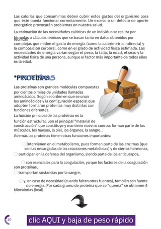Las proteínas son grandes moléculas compuestas
por cientos o miles de unidades llamadas
aminoácidos. Según el orden en que se unan
los aminoácidos y la configuración espacial que
adopten formarán proteínas muy distintas con
funciones diferentes.
La función principal de las proteínas es la
función estructural. Son el principal “material de
construcción” que constituye y mantiene nuestro cuerpo: forman parte de los
músculos, los huesos, la piel, los órganos, la sangre…
Además las proteínas tienen otras funciones importantes:
⃝Intervienen en el metabolismo, pues forman parte de las enzimas (que
son las encargadas de las reacciones metabólicas) y de ciertas hormonas,
⃝participan en la defensa del organismo, siendo parte de los anticuerpos,
⃝son esenciales para la coagulación, ya que los factores de la coagulación
son proteínas,
⃝transportan sustancias por la sangre,
⃝y, en caso de necesidad (cuando faltan otras fuentes), también son fuente
de energía. Por cada gramo de proteína que se “quema” se obtienen 4
kilocalorías (kcal).
Las calorías que consumimos deben cubrir estos gastos del organismo para
que éste pueda funcionar correctamente. Un exceso o un defecto de aporte
energético provocarán problemas en nuestra salud.
La estimación de las necesidades calóricas de un individuo se realiza por
fórmulas o cálculos teóricos que se basan tanto en datos obtenidos por
técnicas
complejas que miden el gasto de energía (como la calorimetría indirecta) y
la composición corporal, como en el grado de actividad física estimada. Las
necesidades de energía varían según el peso, la talla, la edad, el sexo y la
actividad física de una persona, aunque el factor más importante de todos ellos
es la edad.
*PROTEÍNAS
10
clic AQUI y baja de peso rápido
 