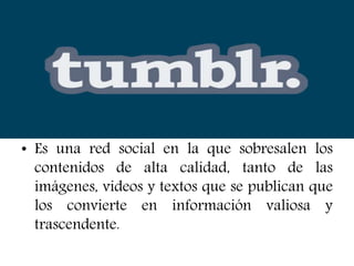 • Es una red social en la que sobresalen los
contenidos de alta calidad, tanto de las
imágenes, videos y textos que se publican que
los convierte en información valiosa y
trascendente.
 