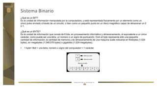 Sistema Binario
¿Qué es un BIT?
Es la unidad de información manipulada por la computadora, y está representada físicamente por un elemento como un
único pulso enviado a través de un circuito, o bien como un pequeño punto en un disco magnético capaz de almacenar un 0
ó 1.
¿Qué es un BYTE?
Es la unidad de información que consta de 8 bits; en procesamiento informático y almacenamiento, el equivalente a un único
carácter, como puede ser una letra, un número o un signo de puntuación. Com el byte representa sólo una pequeña
cantidad de información, la cantidad de memoria y de almacenamiento de una máquina suele indicarse en Kilobytes (1.024
bytes), en megabytes (1.048.576 bytes) o gigabites (1.024 megabytes).
• 1 byte= 8bit = una letra, número o signo del computador = 1 carácter.
 