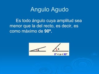Angulo Agudo
Es todo ángulo cuya amplitud sea
menor que la del recto, es decir, es
como máximo de 90º.
 