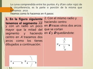 La curva comprendida entre los puntos A y B (en color rojo) de
la circunferencia, es la parte o porción de la misma que
llamamos arco.
Veamos como lo hacemos en 4 pasos:
1. En la figura siguiente
tenemos el segmento 𝐴𝐵
y con un radio un poco
mayor que la mitad del
segmento y haciendo
centro en A trazamos dos
arcos como los tienes
dibujados a continuación:
2. Con el mismo radio y
haciendo centro
en B trazas otros dos arcos
que se cortan
en C y D quedándote:
 