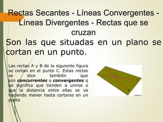 Rectas Secantes - Líneas Convergentes -
Líneas Divergentes - Rectas que se
cruzan
Son las que situadas en un plano se
cortan en un punto.
Las rectas A y B de la siguiente figura
se cortan en el punto C. Estas rectas
se dice también que
son concurrentes o convergentes q
ue significa que tienden a unirse o
que la distancia entre ellas se va
haciendo menor hasta cortarse en un
punto
 
