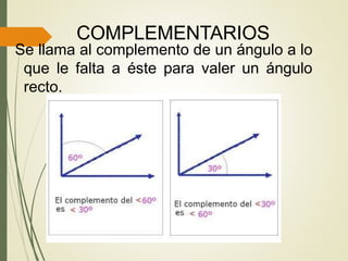 COMPLEMENTARIOS
Se llama al complemento de un ángulo a lo
que le falta a éste para valer un ángulo
recto.
 