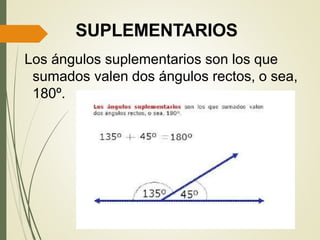 SUPLEMENTARIOS
Los ángulos suplementarios son los que
sumados valen dos ángulos rectos, o sea,
180º.
 