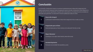 Conclusión
En conclusión, la educación inicial es un proceso fundamental para el desarrollo integral del niño.
Desde la estimulación temprana hasta la preparación para la escuela, la educación inicial influye en la
vida del niño de manera significativa. El aporte de los educadores y el compromiso de la sociedad son
esenciales para garantizar una educación inicial de calidad para todos los niños.
Desarrollo Integral
La educación inicial fomenta el desarrollo integral del niño en todas sus áreas.
Preparación para el Éxito
Sienta las bases para un futuro exitoso en la educación formal y la vida.
Mayor Bienestar
Contribuye a una mejor salud mental y desarrollo social.
Sociedad Equitativa
Promueve una sociedad más equitativa y justa.
 
