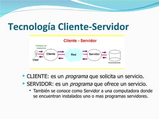 Tecnología Cliente-Servidor CLIENTE: es un  programa  que solicita un servicio. SERVIDOR: es un  programa  que ofrece un servicio.  También se conoce como Servidor a una computadora donde se encuentran instalados uno o mas programas servidores. 