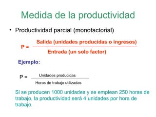 Medida de la productividad Productividad parcial (monofactorial) P =   Ejemplo: P = Si se producen 1000 unidades y se emplean 250 horas de trabajo, la productividad será 4 unidades por hora de trabajo. Salida (unidades producidas o ingresos) Entrada (un solo factor) Unidades producidas Horas de trabajo utilizadas 