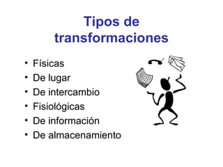 Tipos de transformaciones Físicas De lugar De intercambio Fisiológicas De información De almacenamiento 