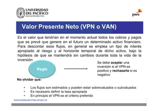 Valor Presente Neto (VPN o VAN)
Se debe aceptar una
inversión si el VPN es
positivo y rechazarla si es
negativo
No olvidar que:
• Los flujos son estimados y pueden estar sobrevaluados o subvaluados
• Es necesario definir la tasa apropiada
• En principio el VPN es el criterio preferido
Es el valor que tendrían en el momento actual todos los cobros y pagos
que se prevé que genere en el futuro un determinado activo financiero.
Para descontar esos flujos, en general se emplea un tipo de interés
apropiado al riesgo y al horizonte temporal de dicho activo, bajo la
hipótesis de que se mantendrá sin cambios durante toda la vida de la
inversión
Regla
 