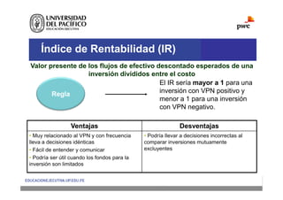 Índice de Rentabilidad (IR)
Valor presente de los flujos de efectivo descontado esperados de una
inversión divididos entre el costo
Ventajas
Ventajas Desventajas
Desventajas
• Muy relacionado al VPN y con frecuencia
lleva a decisiones idénticas
• Fácil de entender y comunicar
• Podría ser útil cuando los fondos para la
inversión son limitados
• Podría llevar a decisiones incorrectas al
comparar inversiones mutuamente
excluyentes
El IR sería mayor a 1 para una
inversión con VPN positivo y
menor a 1 para una inversión
con VPN negativo.
Regla
 