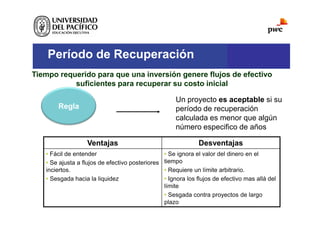 Período de Recuperación
Tiempo requerido para que una inversión genere flujos de efectivo
suficientes para recuperar su costo inicial
Ventajas
Ventajas Desventajas
Desventajas
• Fácil de entender
• Se ajusta a flujos de efectivo posteriores
inciertos.
• Sesgada hacia la liquidez
• Se ignora el valor del dinero en el
tiempo
• Requiere un límite arbitrario.
• Ignora los flujos de efectivo mas allá del
límite
• Sesgada contra proyectos de largo
plazo
Un proyecto es aceptable si su
período de recuperación
calculada es menor que algún
número especifico de años
Regla
 