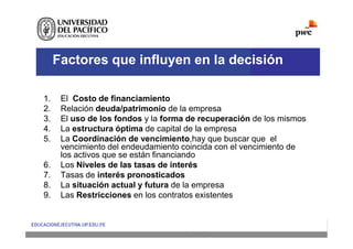 Factores que influyen en la decisión
1. El Costo de financiamiento
2. Relación deuda/patrimonio de la empresa
3. El uso de los fondos y la forma de recuperación de los mismos
4. La estructura óptima de capital de la empresa
5. La Coordinación de vencimiento,hay que buscar que el
vencimiento del endeudamiento coincida con el vencimiento de
los activos que se están financiando
6. Los Niveles de las tasas de interés
7. Tasas de interés pronosticados
8. La situación actual y futura de la empresa
9. Las Restricciones en los contratos existentes
 