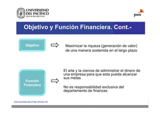 Objetivo y Función Financiera. Cont.-
Objetivo
Objetivo Maximizar la riqueza (generación de valor)
de una manera sostenida en el largo plazo
Función
Función
Financiera
Financiera
El arte y la ciencia de administrar el dinero de
una empresa para que esta pueda alcanzar
sus metas
No es responsabilidad exclusiva del
departamento de finanzas
 