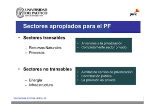 Sectores apropiados para el PF
• Sectores transables
– Recursos Naturales
– Procesos
• Sectores no transables
– Energía
– Infraestructura
• Anteriores a la privatización
• Completamente sector privado
• A mitad de camino de privatización
• Contratación pública
• La provisión es privada
 