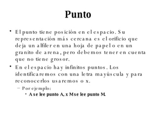 Punto El punto tiene posición en el espacio. Su representación más cercana es el orificio que deja un alfiler en una hoja de papel o en un granito de arena, pero debemos tener en cuenta que no tiene grosor. En el espacio hay infinitos puntos. Los identificaremos con una letra mayúscula y para reconocerlos usaremos o x. Por ejemplo: A se lee punto A, x M se lee punto M. 