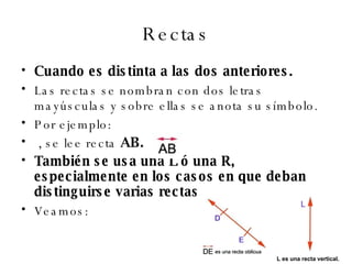 Rectas Cuando es distinta a las dos anteriores. Las rectas se nombran con dos letras mayúsculas y sobre ellas se anota su símbolo. Por ejemplo: , se lee recta  AB. También se usa una L ó una R, especialmente en los casos en que deban distinguirse varias rectas. Veamos: L es una recta vertical.   