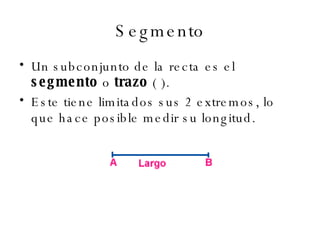 Segmento Un subconjunto de la recta es el  segmento  o  trazo  ( ).  Este tiene limitados sus 2 extremos, lo que hace posible medir su longitud.  