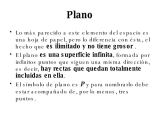 Plano Lo más parecido a este elemento del espacio es una hoja de papel, pero lo diferencia con ésta, el hecho que  es ilimitado y no tiene grosor  . El plano  es una superficie infinita , formada por infinitos puntos que siguen una misma dirección, es decir,  hay rectas que quedan totalmente incluidas en ella . El símbolo de plano es  P  y para nombrarlo debe estar acompañado de, por lo menos, tres puntos. 