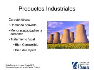 Productos Industriales Características: Demanda derivada Menor  elasticidad  en la demanda Tratamiento fiscal Bien Consumible Bien de Capital 