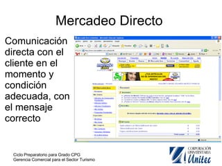 Mercadeo Directo  Comunicación directa con el cliente en el momento y condición adecuada, con el mensaje correcto 