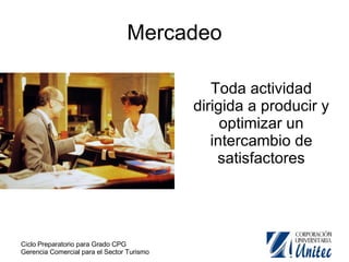 Mercadeo Toda actividad dirigida a producir y optimizar un intercambio de satisfactores 