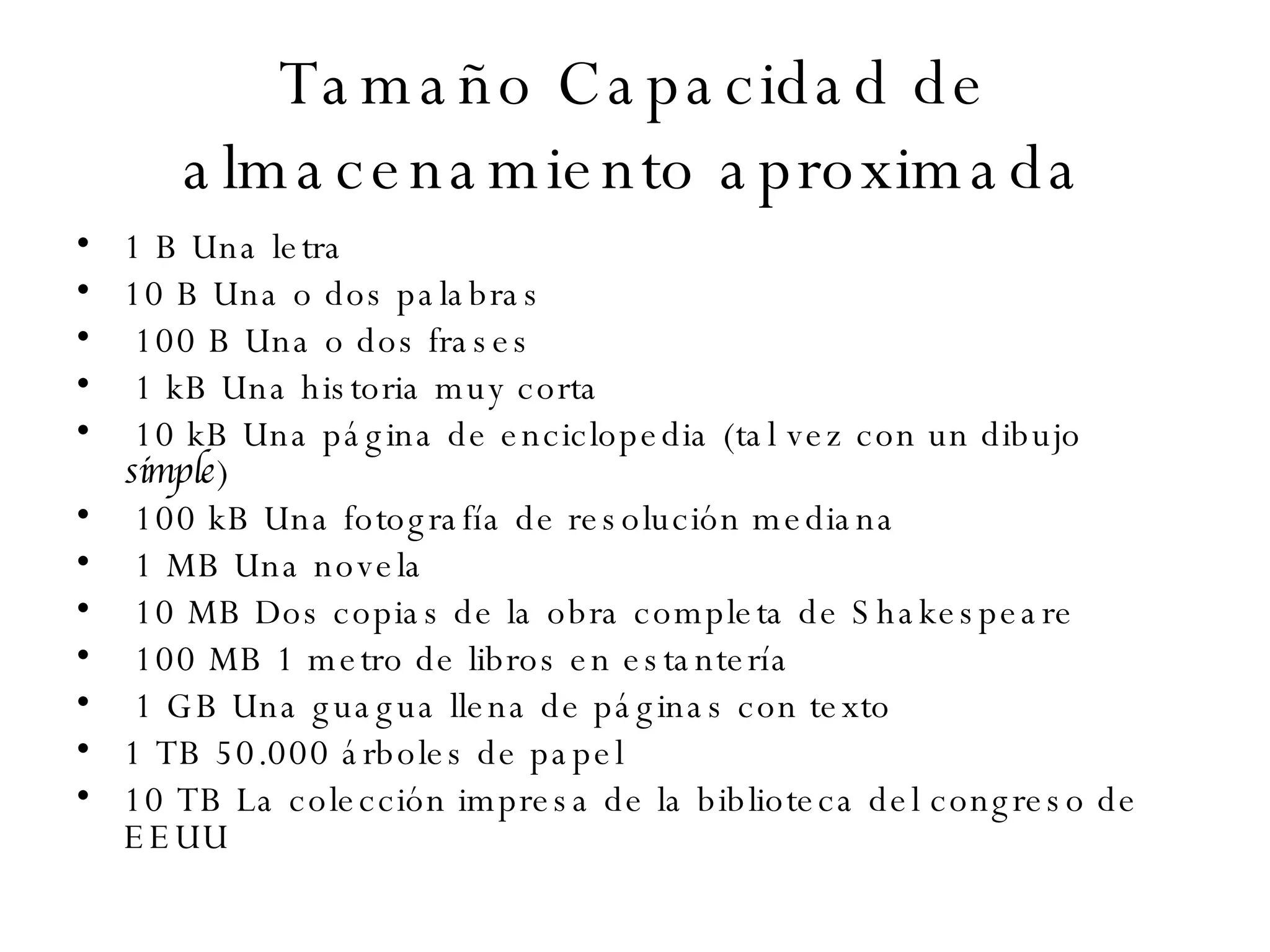 Tamaño Capacidad de almacenamiento aproximada 1 B Una letra  10 B Una o dos palabras 100 B Una o dos frases 1 kB Una historia muy corta 10 kB Una página de enciclopedia (tal vez con un dibujo  simple ) 100 kB Una fotografía de resolución mediana 1 MB Una novela 10 MB Dos copias de la obra completa de Shakespeare 100 MB 1 metro de libros en estantería 1 GB Una guagua llena de páginas con texto  1 TB 50.000 árboles de papel  10 TB La colección impresa de la biblioteca del congreso de EEUU 