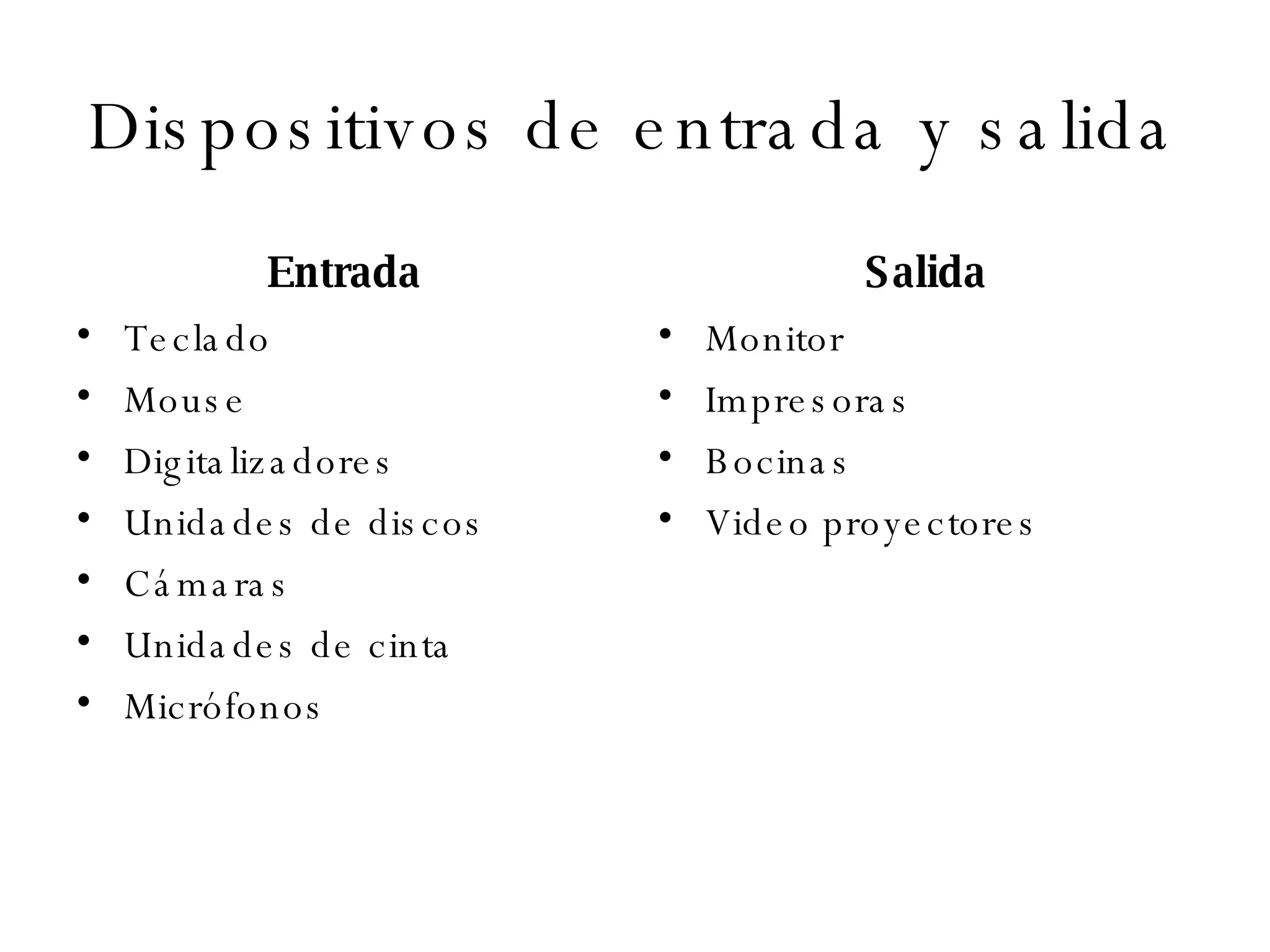 Dispositivos de entrada y salida Entrada Teclado Mouse Digitalizadores Unidades de discos Cámaras Unidades de cinta Micrófonos Salida Monitor Impresoras Bocinas Video proyectores 