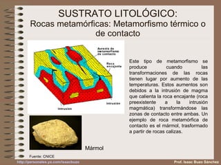 SUSTRATO LITOLÓGICO: Rocas metamórficas: Metamorfismo térmico o de contacto Mármol Este tipo de metamorfismo se produce cuando las transformaciones de las rocas tienen lugar por aumento de las temperaturas. Estos aumentos son debidos a la intrusión de magma que calienta la roca encajante (roca preexistente a la intrusión magmática) transformándose las zonas de contacto entre ambas. Un ejemplo de roca metamórfica de contacto es el mármol, trasformado a partir de rocas calizas. Fuente: CNICE Prof. Isaac Buzo Sánchez 