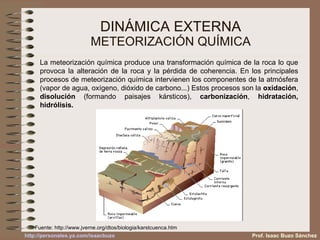DINÁMICA EXTERNA METEORIZACIÓN QUÍMICA La meteorización química produce una transformación química de la roca lo que provoca la alteración de la roca y la pérdida de coherencia. En los principales procesos de meteorización química intervienen los componentes de la atmósfera (vapor de agua, oxígeno, dióxido de carbono...) Estos procesos son la  oxidación ,  disolución  (formando paisajes kársticos),  carbonización ,  hidratación, hidrólisis. Prof. Isaac Buzo Sánchez Fuente:  http://www.jverne.org/dtos/biologia/karstcuenca.htm 