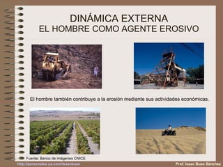 DINÁMICA EXTERNA EL HOMBRE COMO AGENTE EROSIVO El hombre también contribuye a la erosión mediante sus actividades económicas. Prof. Isaac Buzo Sánchez Fuente: Banco de imágenes CNICE 