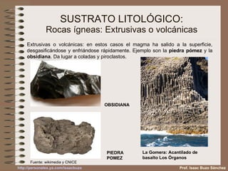 SUSTRATO LITOLÓGICO: Rocas ígneas: Extrusivas o volcánicas Extrusivas o volcánicas: en estos casos el magma ha salido a la superficie, desgasificándose y enfriándose rápidamente. Ejemplo son la  piedra pómez  y la  obsidiana . Da lugar a coladas y piroclastos. OBSIDIANA PIEDRA POMEZ La Gomera: Acantilado de basalto Los  Órganos Fuente: wikimedia y CNICE Prof. Isaac Buzo Sánchez Prof. Isaac Buzo Sánchez 