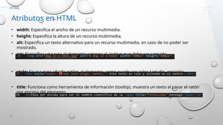 10
HTML
Atributos en HTML
• width: Especifica el ancho de un recurso multimedia.
• height: Especifica la altura de un recurso multimedia.
• alt: Especifica un texto alternativo para un recurso multimedia, en caso de no poder ser
mostrado.
• src: Especifica una ruta al elemento externo al archivo que debe ser cargado.
• style: Se usa para añadir estilos al elemento, como puede ser color, tamaño, posición,…
• title: Funciona como herramienta de información (tooltip), muestra un texto al pasar el ratón
por encima del elemento.
 